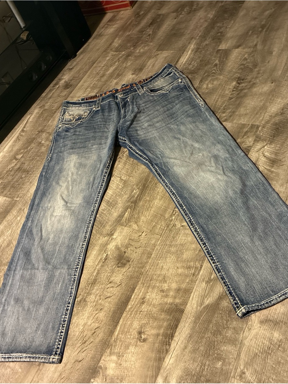 Rock Revival Jeans Men’s SZ 40 Neal Straight Blue Distressed Heavy Stitch Used